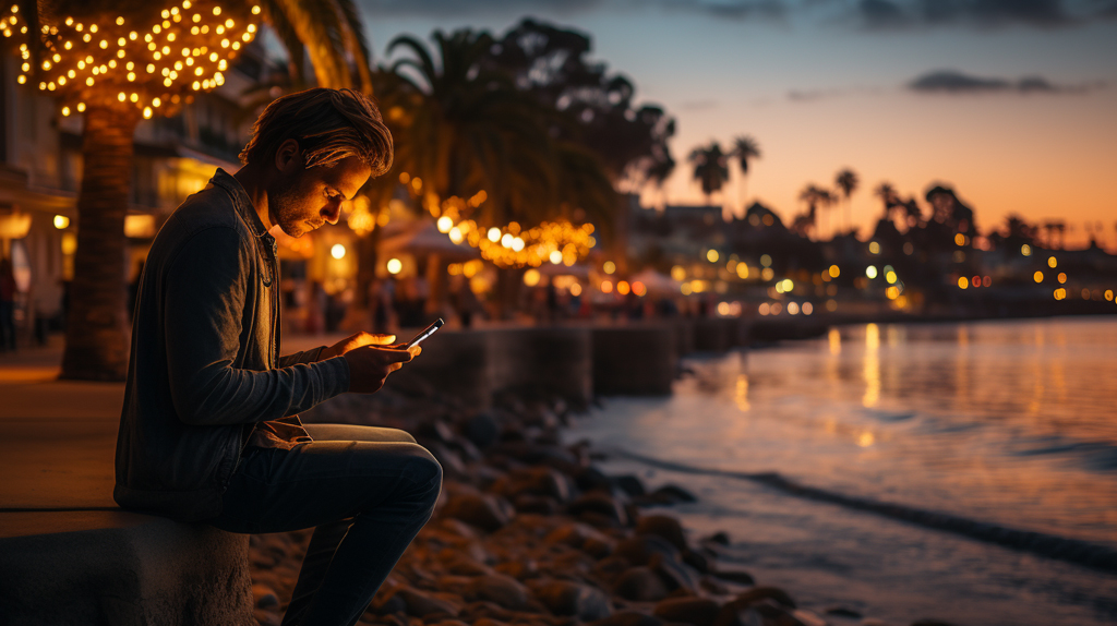 Guy watching videos of the sunset on his phone while he's at a water front during the sunset.