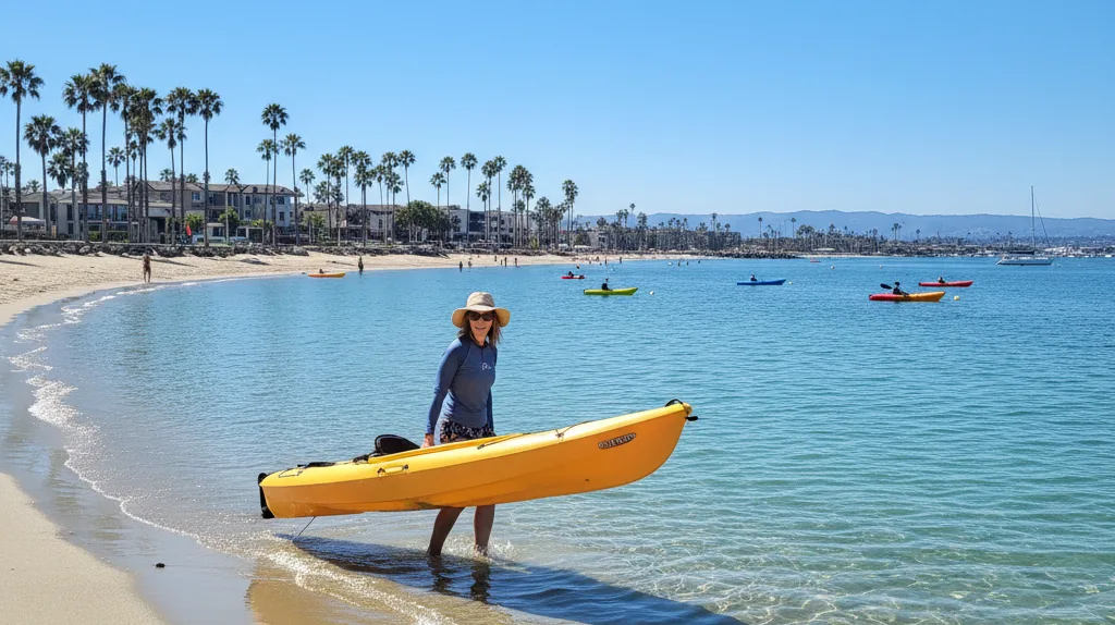 Kayak being launched into calm water at a San Diego bay