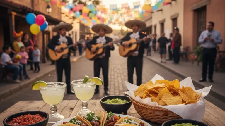 Cinco de Mayo scene in Old Town San Diego with tacos margaritas and papel picado