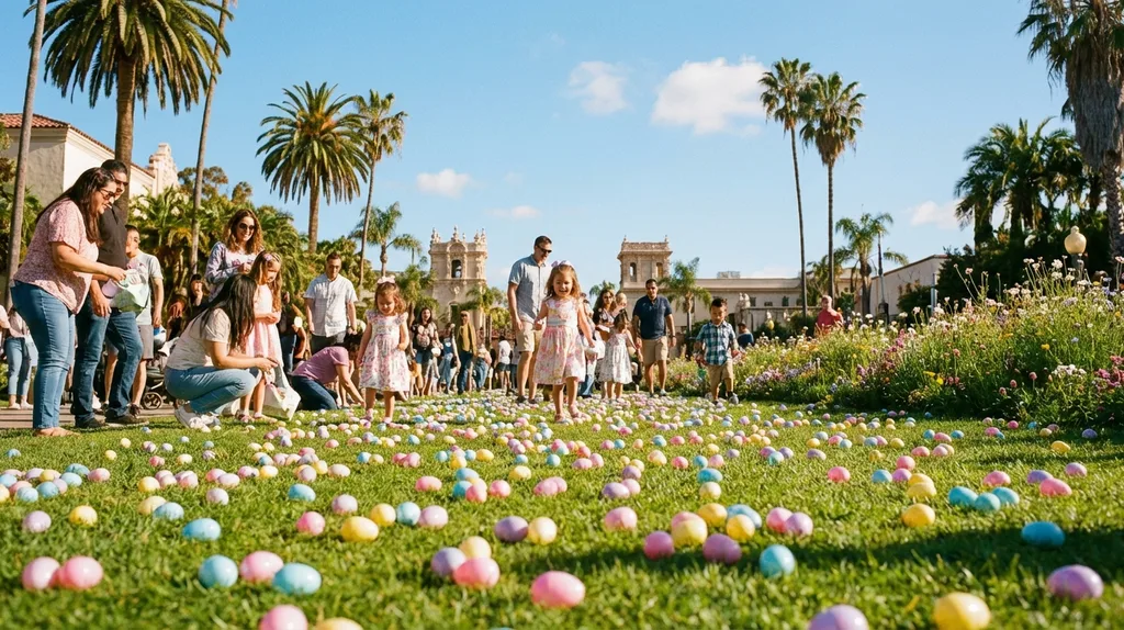 Easter eggs on grass with palm trees