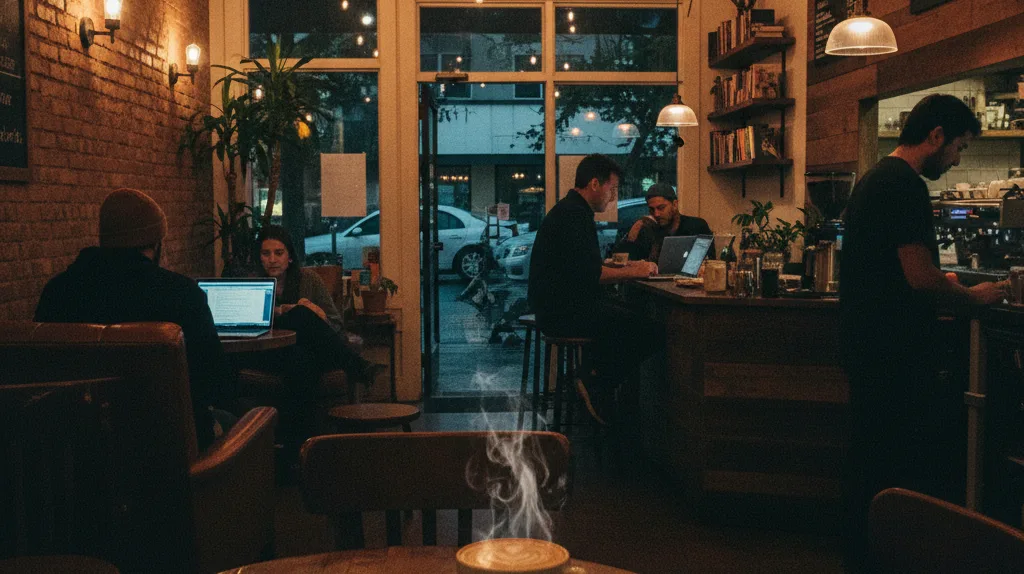Cozy coffee shop interior at night with warm lighting and a latte on a wooden table