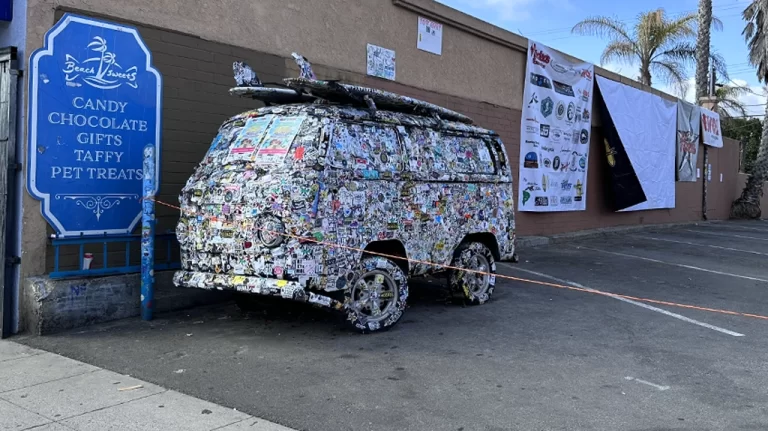 Van covered in stickers in Ocean Beach San Diego