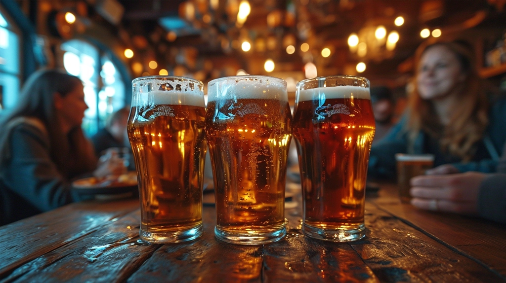3 mugs of beer at a sports bar in San Diego.