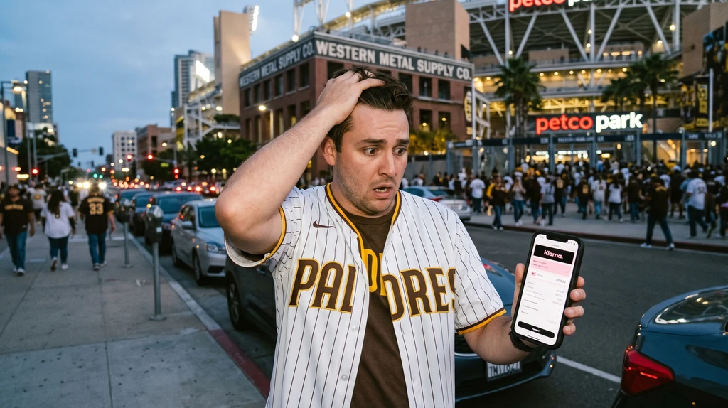 Padres fan looking stressed while paying expensive Petco Park parking with Klarna on phone