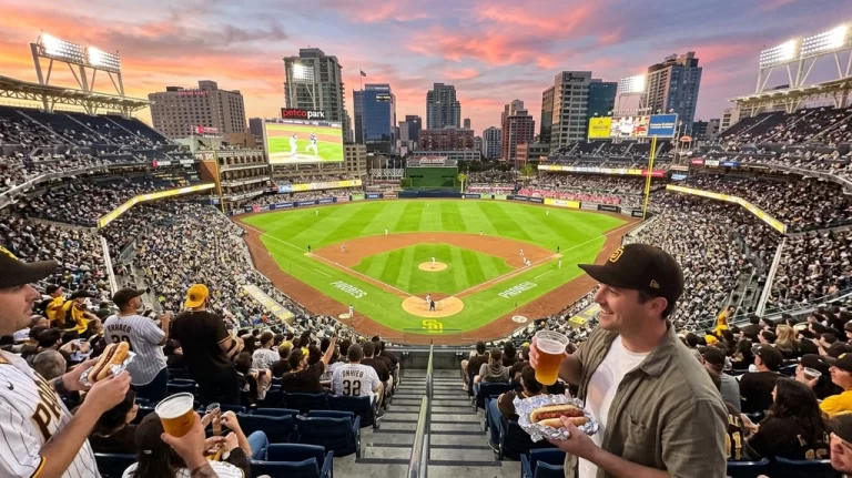 Petco Park at sunset during a Friday night Padres game