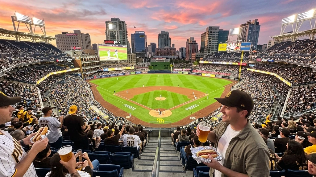 Petco Park at sunset during a Friday night Padres game